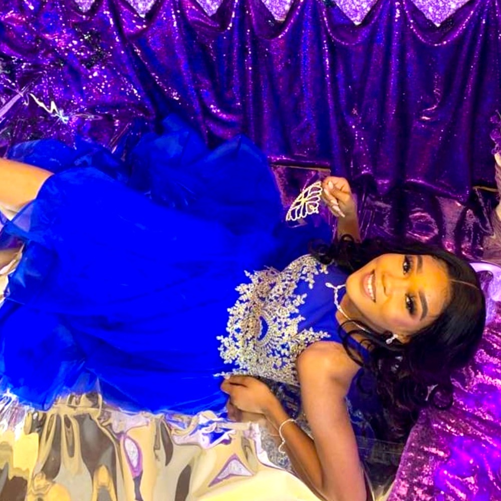 Blue High Low Prom Dress with Gold Embellishments | Wedding Dress| Homecoming